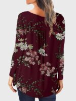 Wholesale Wine Red Floral Print Long Sleeve Top