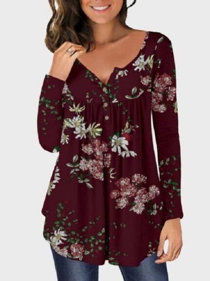 Wholesale Wine Red Floral Print Long Sleeve Top