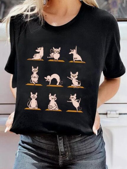 Wholesale Yoga Cat Print Short Sleeve T-shirt