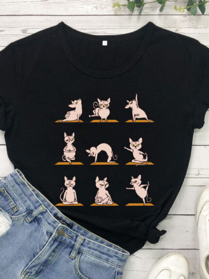 Wholesale Yoga Cat Print Short Sleeve T-shirt