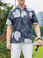 Leaf Print Lapel Short Sleeve Men's Shirt