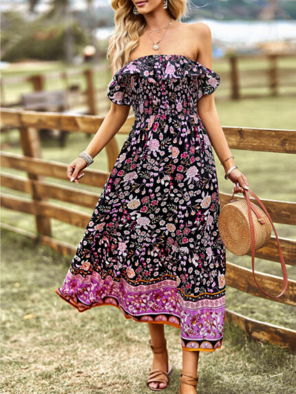 Wholesale Boho Print Off Shoulder Dress