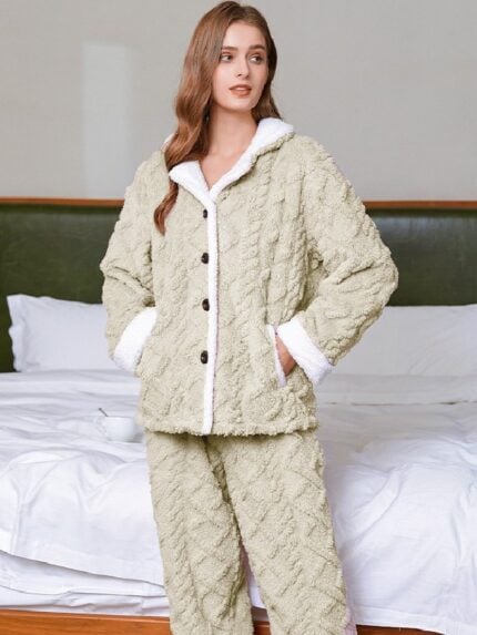 Wholesale Button Fleece Long Sleeve Pajama Set