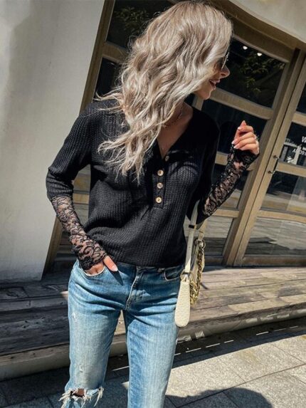 Wholesale Button Lace Panel Long Sleeve T-Shirt