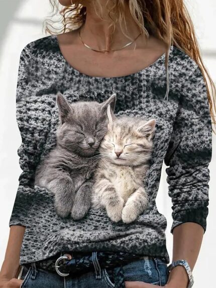 Wholesale Cat Print Casual Long Sleeve T-Shirt