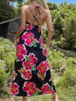 Wholesale Color Block Floral Backless Dress