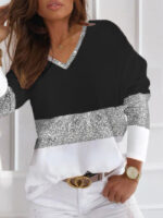 Wholesale Color Block V-Neck Long Sleeve T-Shirt