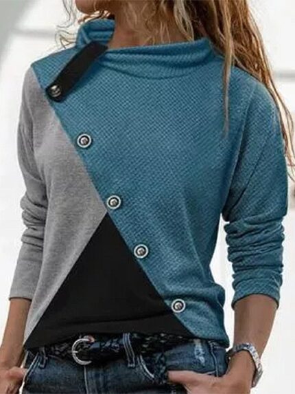 Wholesale Color-block Paneled Casual Turtleneck Top