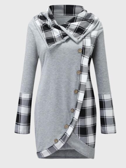 Wholesale Contrast Check Button Lapel Long Sleeve Top