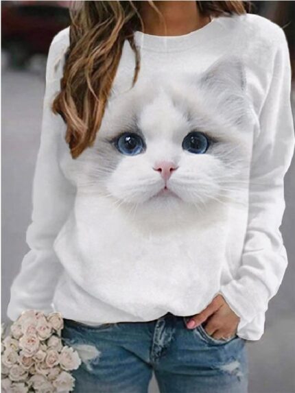 Wholesale Cute Cat Print Long Sleeved T-shirt