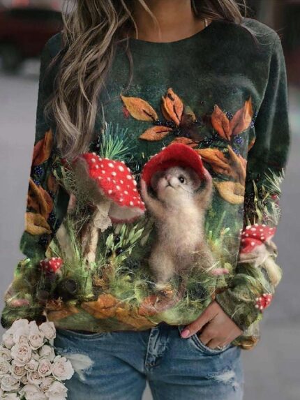 Wholesale Cute Squirrel Print Long Sleeved Sweatshirt