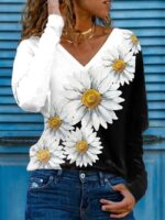 Wholesale Daisy Print V-Neck Long Sleeve Top