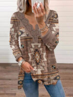 Wholesale Ethnic Print Lace Long Sleeve T-Shirt