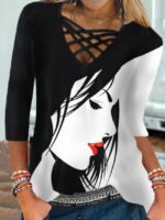 Wholesale Face Print V-neck Cutout T-shirt