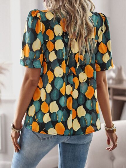 Wholesale Fashion Print Turtleneck Short Sleeve Blouse