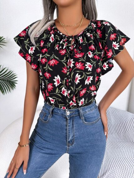 Wholesale Floral Crewneck Chiffon Blouse