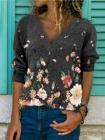 Wholesale Floral Print Casual V-Neck Long Sleeve T-Shirt