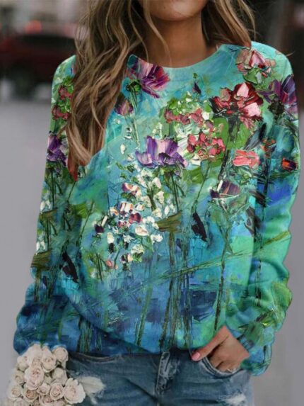 Wholesale Floral Print Chic Long Sleeve Sweatshirt