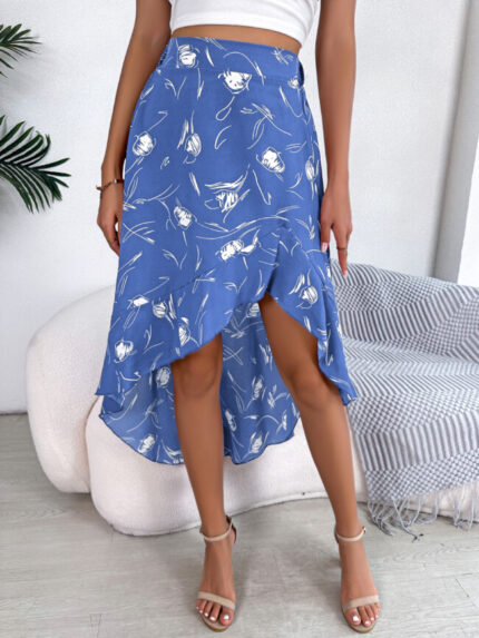 Wholesale Floral Print Ruffle Irregular Skirt