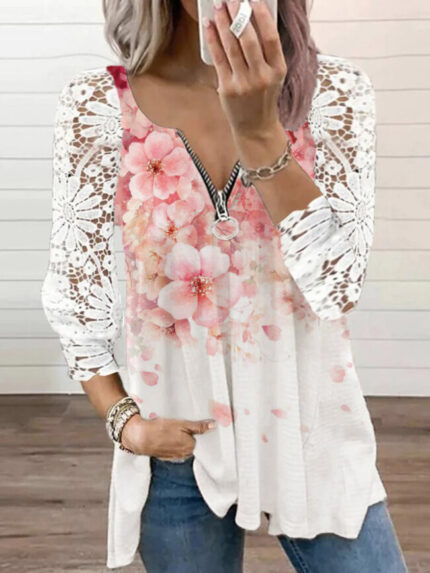 Wholesale Floral Print Zip-up Lace Panel Top