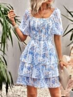 Wholesale Floral Square Neck Tiered Hem Dress