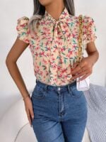 Wholesale Floral Tie Bow Chiffon Shirt