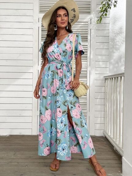 Wholesale Floral V Neck Short Sleeve Dress