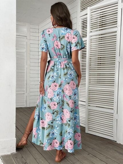 Wholesale Floral V Neck Short Sleeve Dress