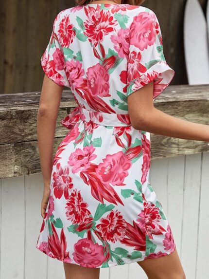 Wholesale Floral V Neck Short Sleeve Dress