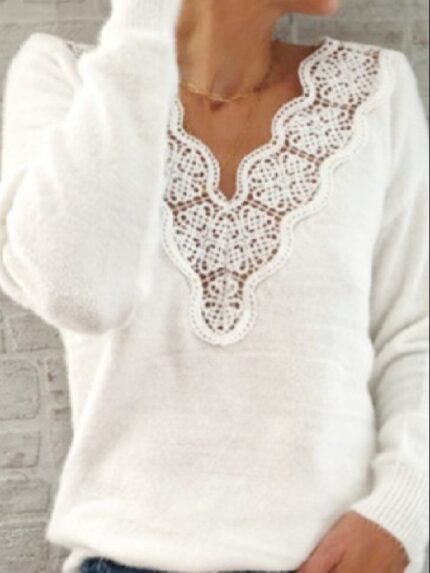 Wholesale Lace Panel V Neck Knit Sweater