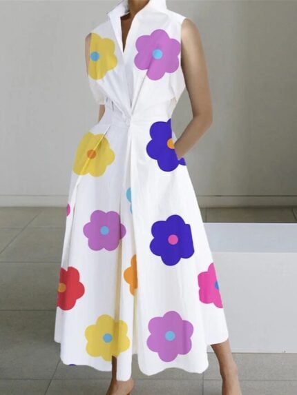 Wholesale Lapel Sleeveless Printed Dress