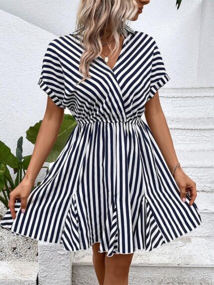 Wholesale Lapel V-Neck Stripe High Waist Dress