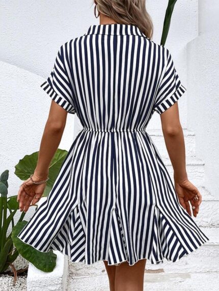 Wholesale Lapel V-Neck Stripe High Waist Dress