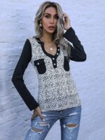 Wholesale Leopard Panel Button V-neck T-shirt