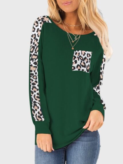 Wholesale Leopard Patch Pocket Long Sleeve T-Shirt