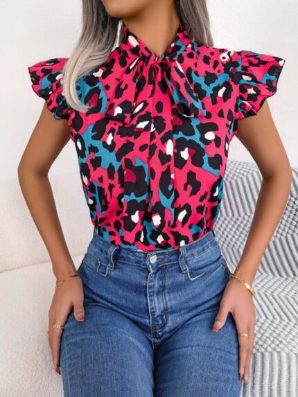 Wholesale Leopard Ruffle Tie Chiffon Shirt