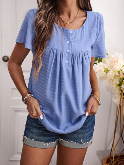 Wholesale Loose Casual Solid Color Short Sleeve Blouse