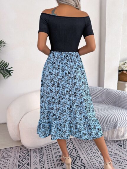 Wholesale Off-Shoulder Floral Panel High Waist Dress