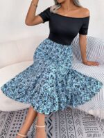 Wholesale Off-Shoulder Floral Panel High Waist Dress