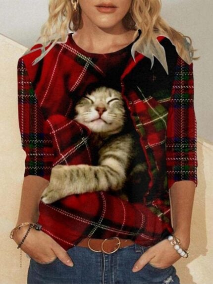 Wholesale Plaid Cat Print Long Sleeve T-Shirt