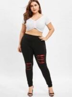 Wholesale Plus Plaid Paneled Ripped Leggings