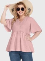 Wholesale Plus V Neck Button Ruffle Sleeve T-Shirt