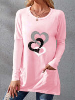 Wholesale Pocket Heart Print Long Sleeve Tunic Top