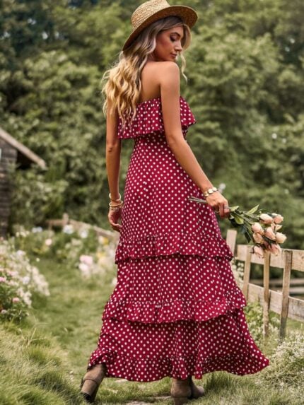 Wholesale Polka Dot Off-the-shoulder Ruffle Slit Dress