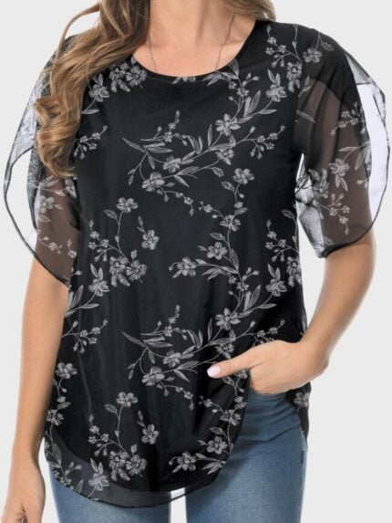 Wholesale Print Mesh Panel Short Sleeve Top