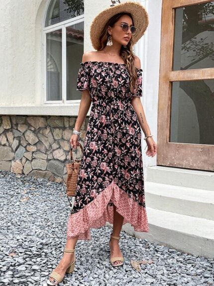 Wholesale Printed Irregular Off-shoulder Dress