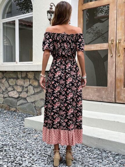 Wholesale Printed Irregular Off-shoulder Dress