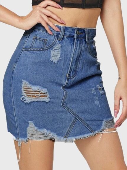 Wholesale Ripped Hip Wrap Denim Skirt