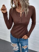 Wholesale Round Neck Button Slim Long Sleeve T-Shirt