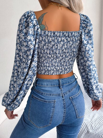 Wholesale Sexy Lace-Up Floral Chiffon Cropped Top